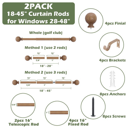 HTZON 2 Pack Wood Curtain Rods for Windows 28 to 48 Inch,1 Inch Wood Grain Ball Adjustable Curtain Rod,Boho Heavy Duty Curtain Rods,Farmhouse Rustic Window Curtains Rods,Brown Drapery Rods Set 18-45"