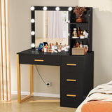 FIONESO Makeup Vanity Desk with Mirror & Lights, Vanity Desk with 4 Drawers & Charging Station, Dressing Vanity Table with Open Storage Shelves, 3 Color Modes, Vanity Table for Bedroom, Black FIONESO