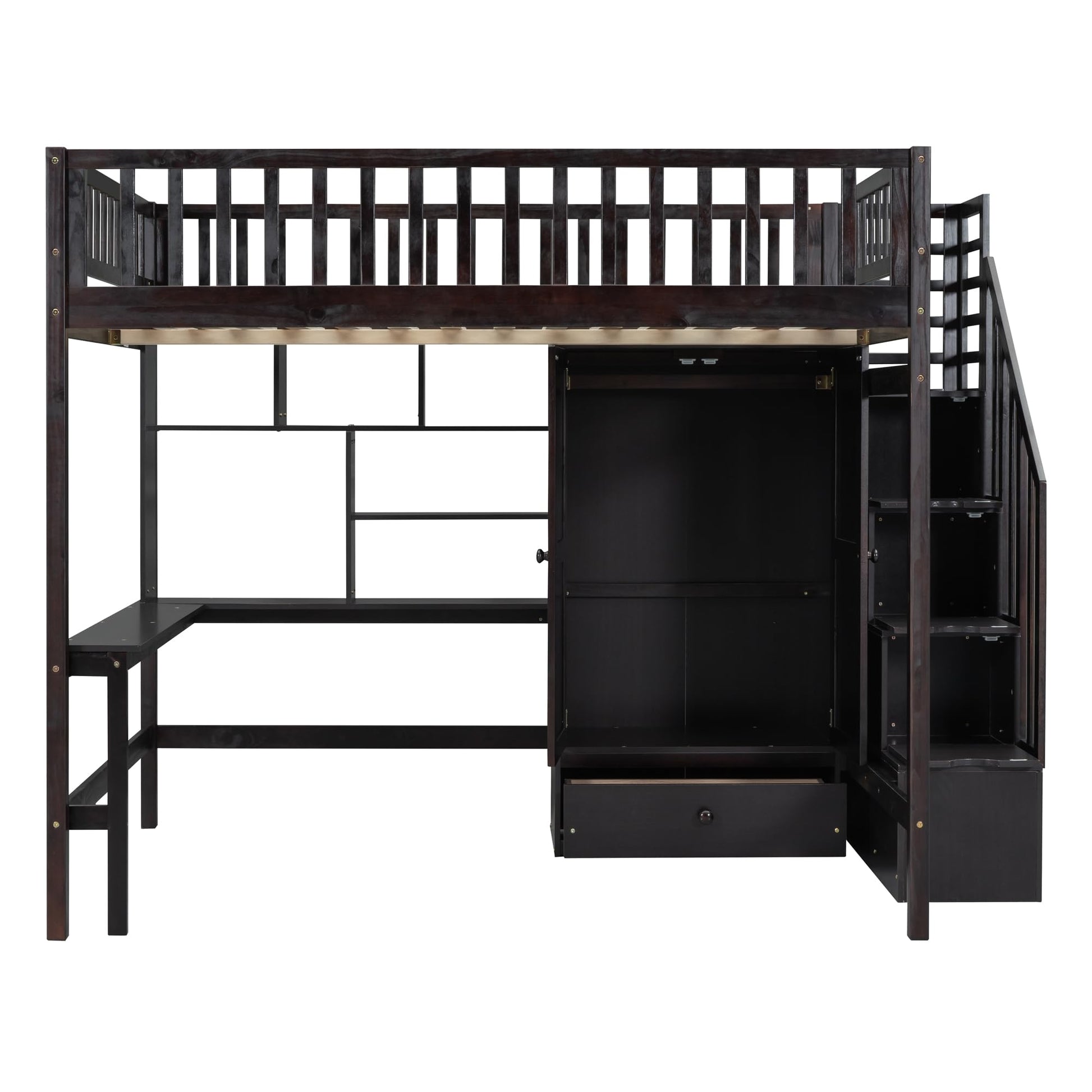 Espresso Full Size Loft Bed with Storage Stairs, Desk, Bookshelf, and Wardrobe by Harper & Bright Designs - WoodArtSupply