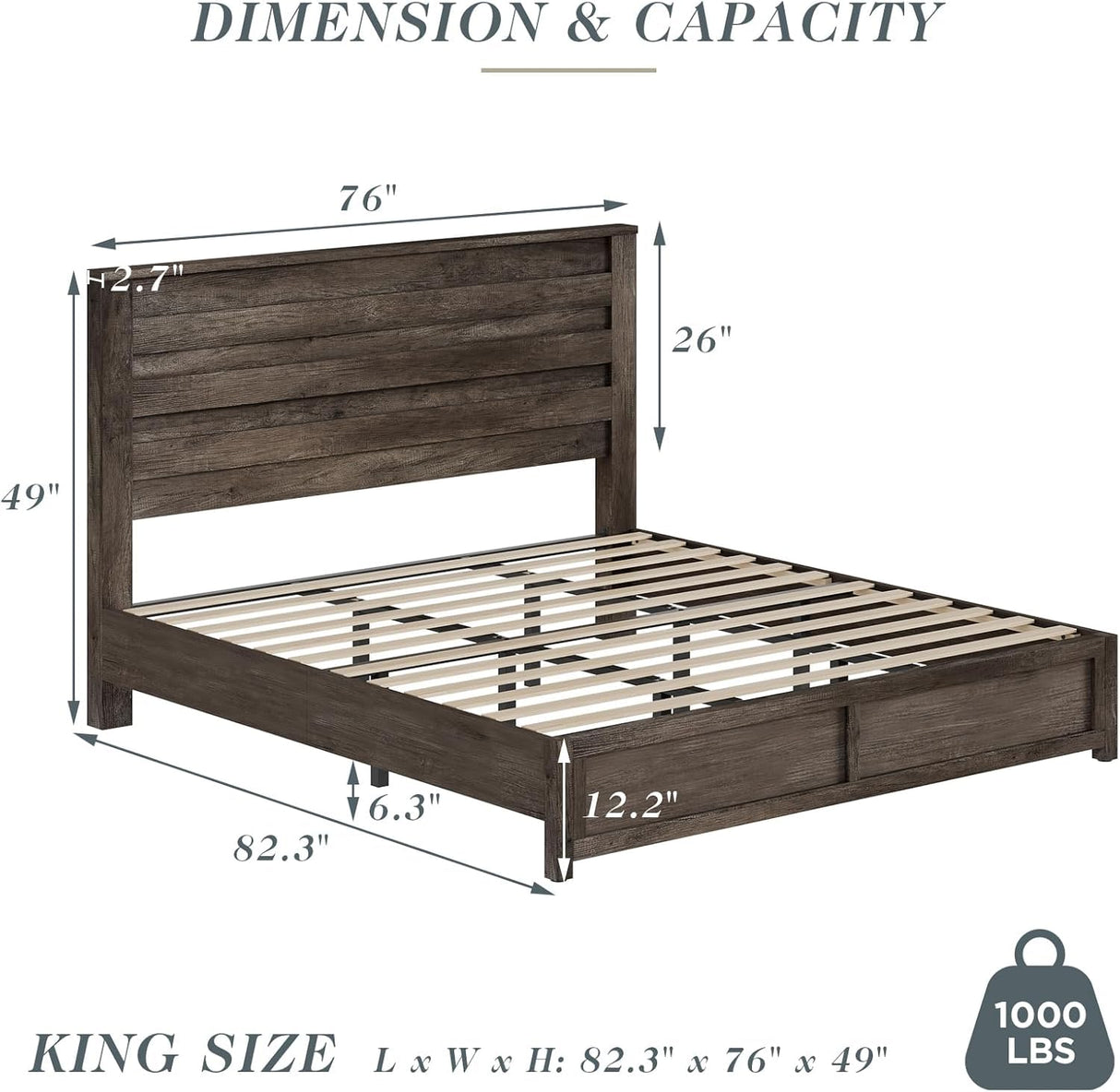 Albott King Bed Frame with 49" Farmhouse Slatted Headboard, Platform Bed with Wood Slats, No Box Spring Needed, Easy Assembly, Rustic Grey Albott