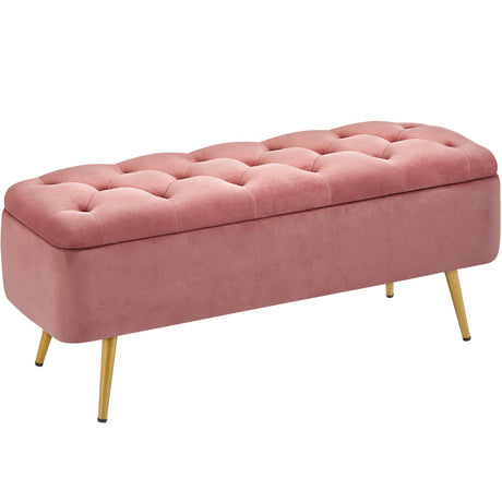 Yaheetech 42 Inches Ottoman with Floding Velvet Storage Bench Foot Stool for Living Room, Bedroom, Entryway Pink Yaheetech