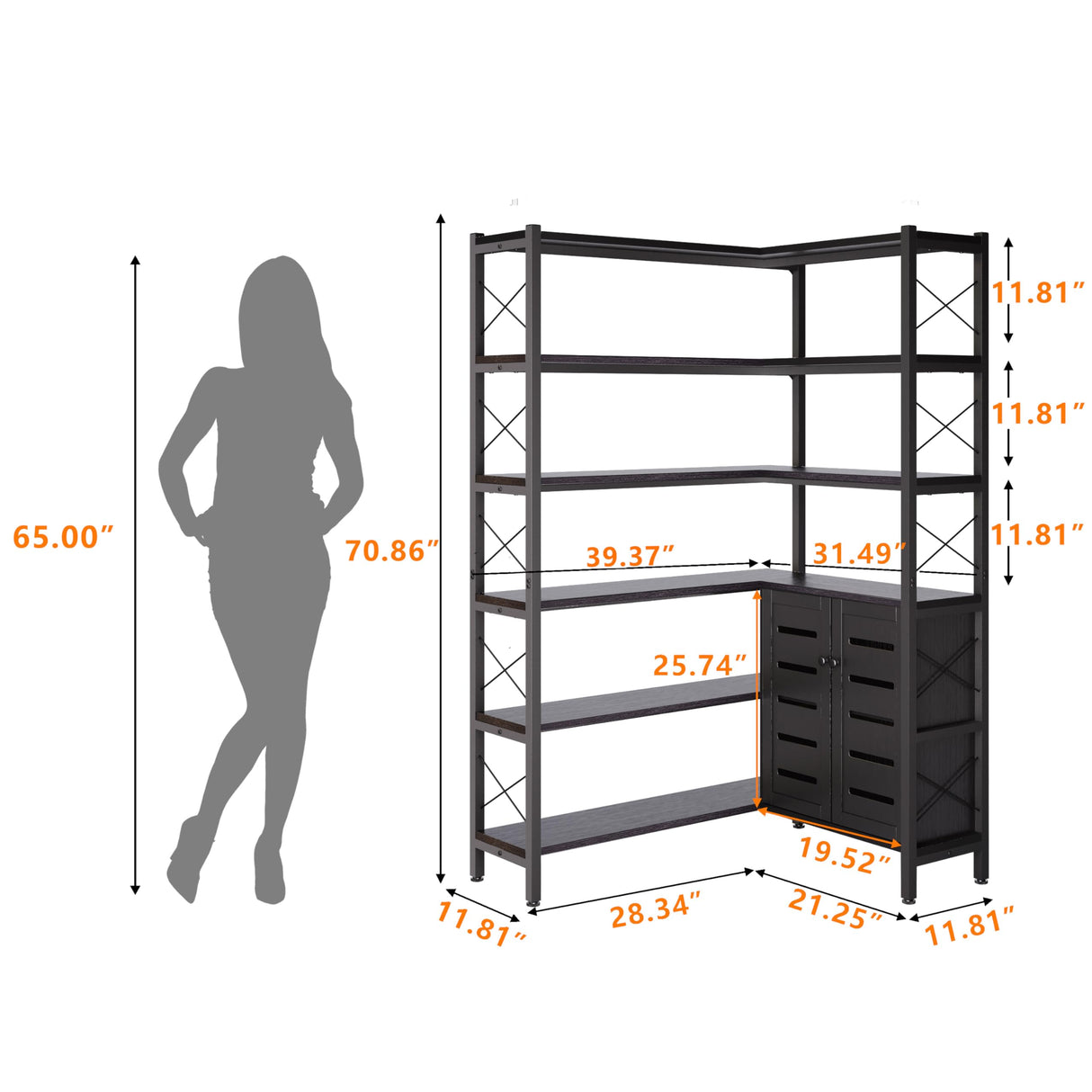 GLAUBIO 6 Tier Small Corner Bookshelf with Storage Cabinet,L Shaped Black Bookshelf with Doors,Industrial Corner Plant Stand,Corner Book Shelf,Small Bookcase for Living Room, Home Office GLAUBIO