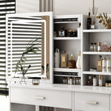 Leavader White Vanity Desk Set - 43.3" Large Vanity Table with Sliding Lighted Mirror in 3 Colors & 5 Drawers & Retractable Rack, Dressing Table Makeup Desk with Stool Set Leavader