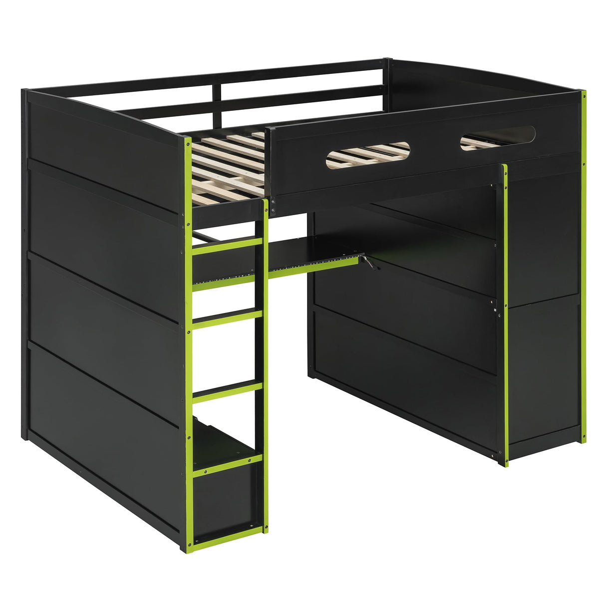SOFTSEA Full Size Gaming Loft Bed with Desk, Wood Loft Bunk Bed with Wardrobe, Drawers, LED Light & USB Ports, Full Gaming Bed with Desk Underneath and Storage, Green & Black SOFTSEA
