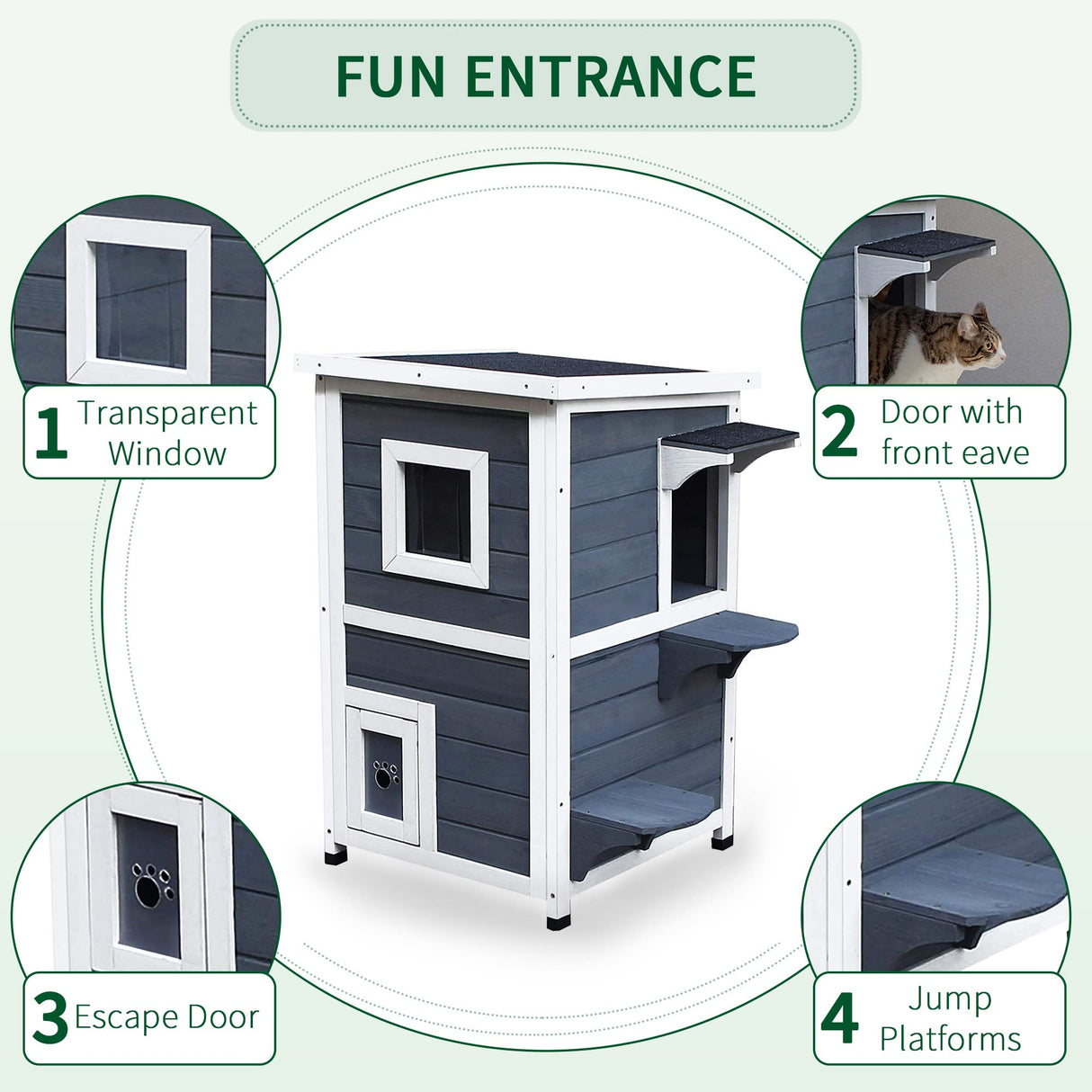 PawHut Outdoor Cat House with Escape Door, Weatherproof 2-Story Wooden Feral Cat Shelter with Opening Asphalt Roof, Dark Gray PawHut