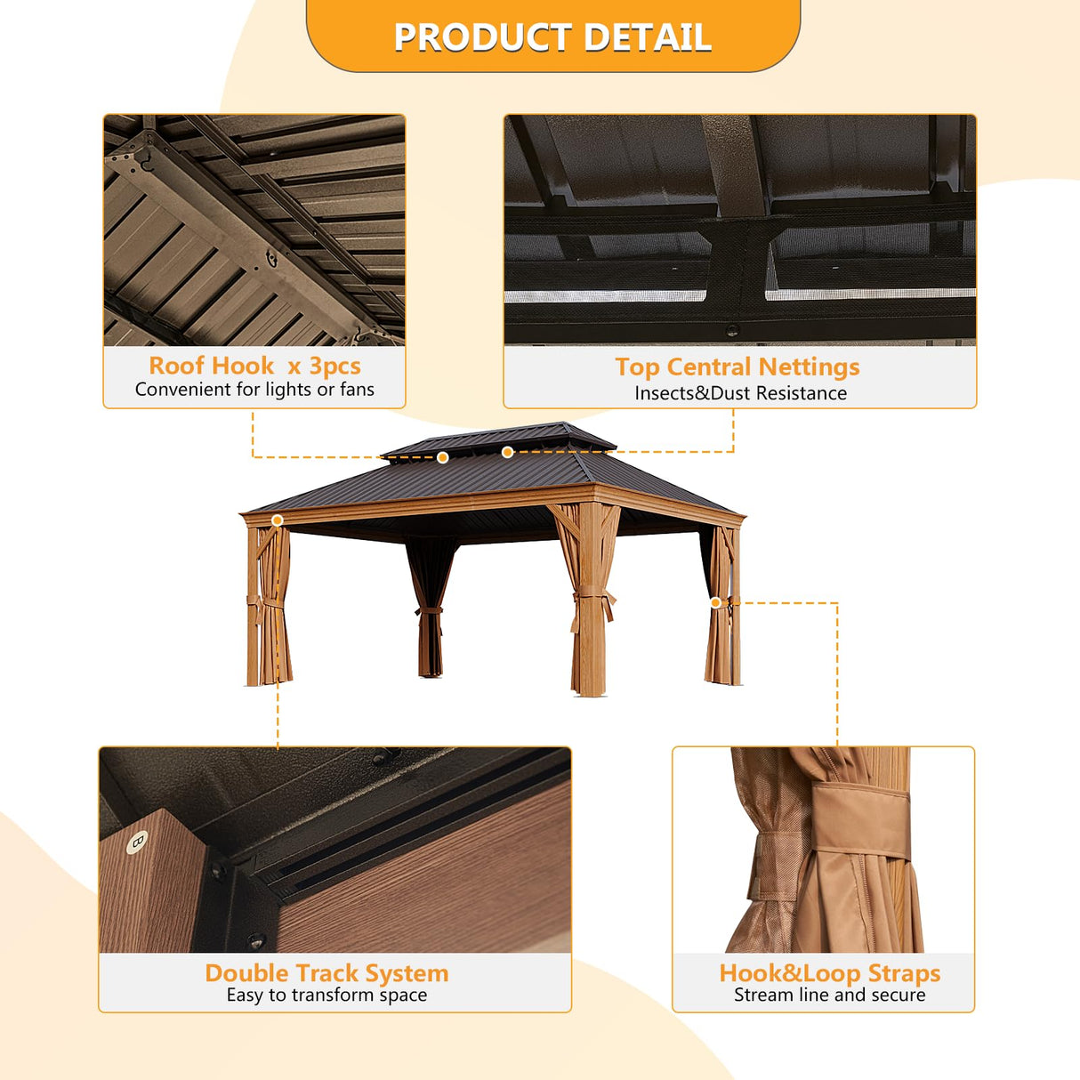 Jolydale 12' x 16' Gazebo, Wooden Finish Coated Aluminum Frame Canopy, Galvanized Steel Double Top, Outdoor Permanent Metal Pavilion with Privacy Curtains and Netting, for Patio, Deck and Backyard Jolydale