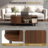 sunmiler Mid-Century Modern 39.4" Coffee Table - Leaf-Shaped Wood Center Table with Storage, Retro Fluted Central Table with Sliding Door & Large Hidden Compartment, for Living Room, Office, Walnut sunmiler