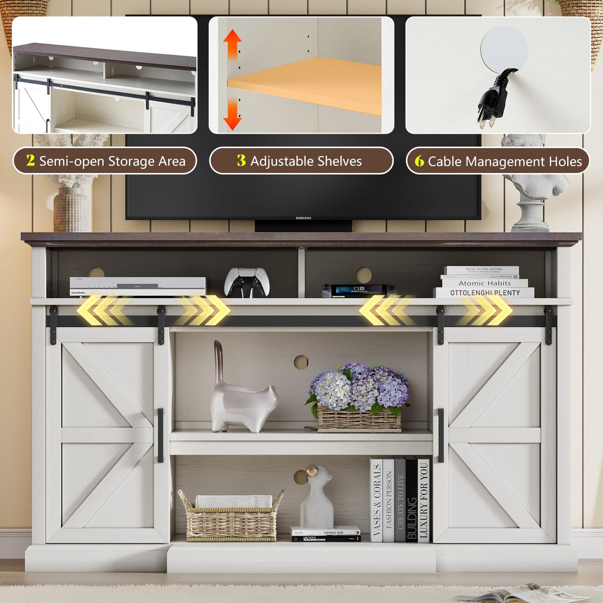 LUXOAK 66" Farmhouse TV Stand for 75 Inch TVs, 40" Tall Entertainment Centere with Sliding Barn Doors, Rustic Media Console Table Storage Cabinet with Adjustable Shelves, Living Room, Antique White LUXOAK