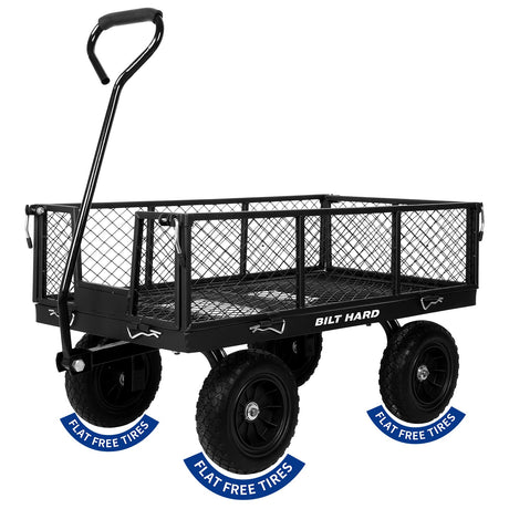 BILT HARD 880 lbs 10" Flat Free Tires Steel Garden Cart with 180° Rotating Handle and Removable Sides, Heavy Duty 4 Cu.Ft Capacity Utility Garden Carts and Wagons BILT HARD
