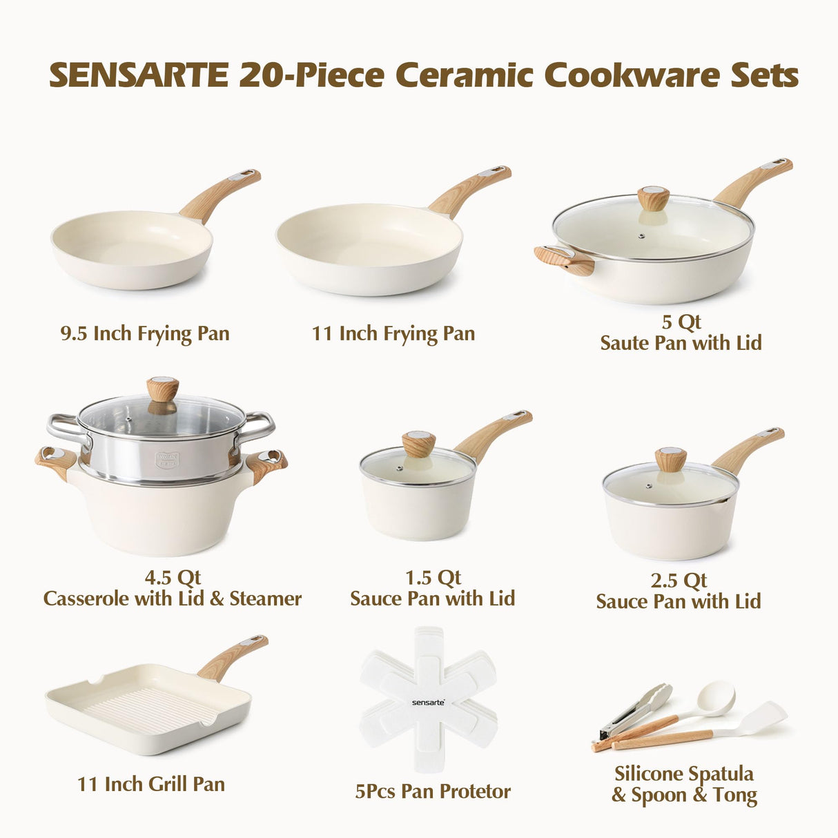 SENSARTE Ceramic Cookware Sets, Pots and Pans Set Nonstick, 20-Piece Induction Cookware, Non-toxic Healthy Non Stick Kitchen Cooking Set with Stay-Cool Handles, PFAS PTFE PFOA PFOS Free SENSARTE