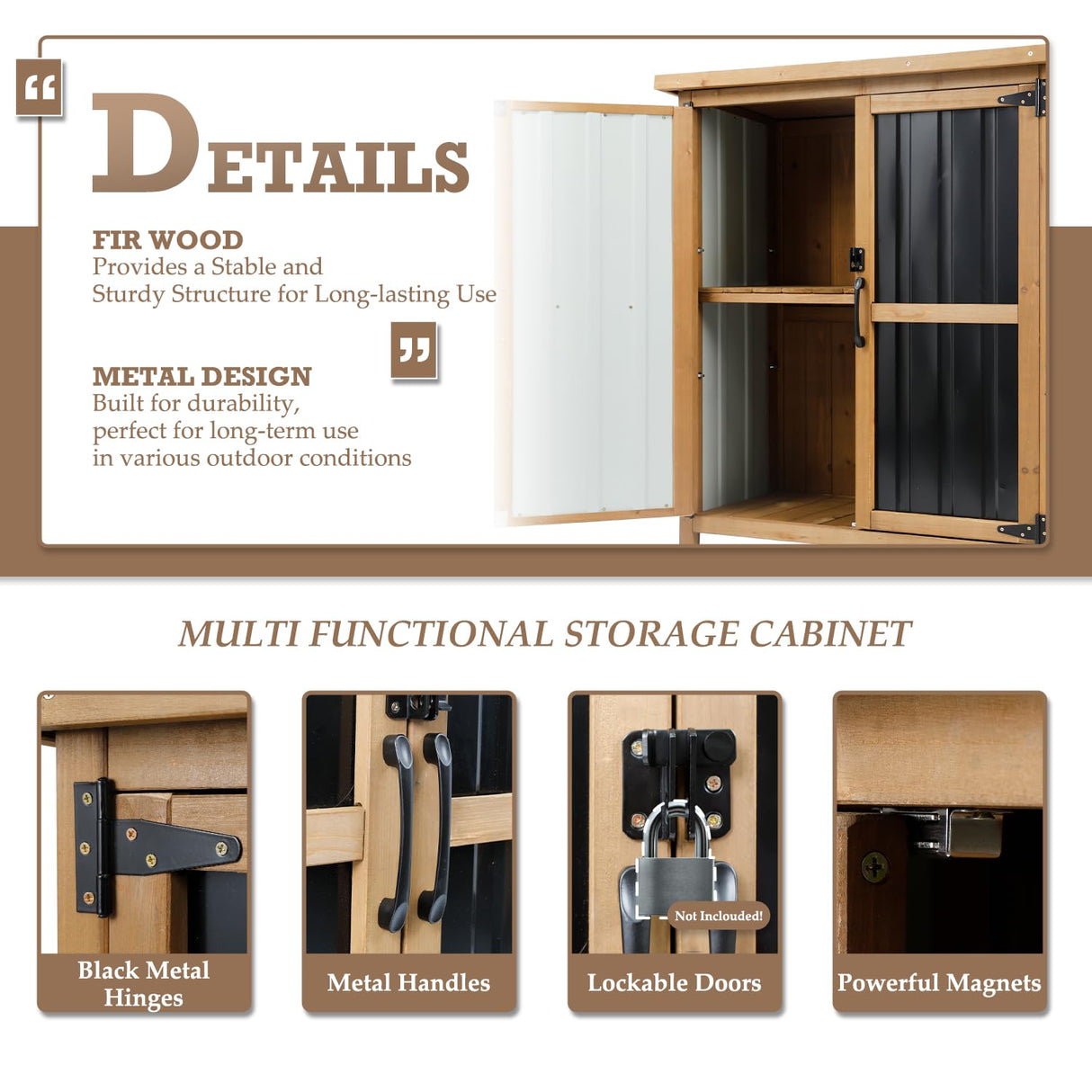 Outdoor Storage Cabinet Waterproof with Shelves, Storage Box with Lockable Doors, Wood & Metal Patio Yard Pool Garden Storage Cabinet Organizer, Gifts for Women Men PetsCosset