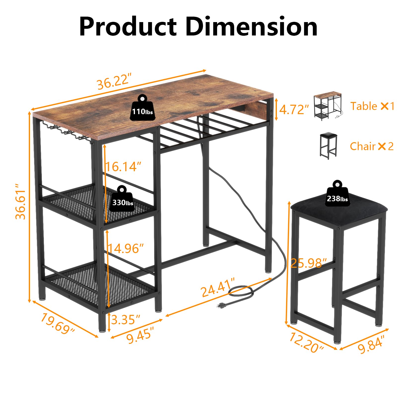 Gyfimoie Rustic Bar Table and Chair Set with Power Outlet, Storage Shelves, and Wine Rack - WoodArtSupply