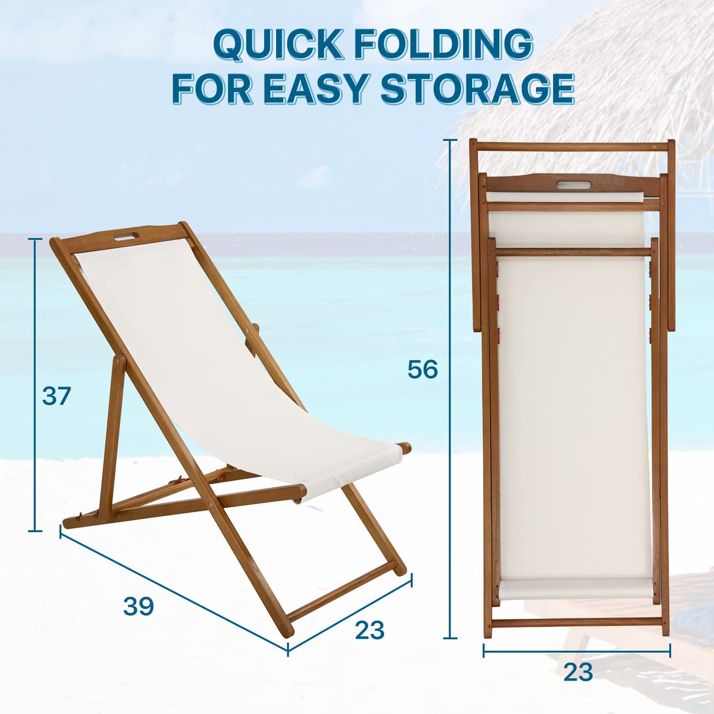 Beach Sling Chair Set of 2, Outdoor Folding Wood Beach Chair with White Polyester Canvas, 3 Level Adjustable Height Patio Lounge Chair