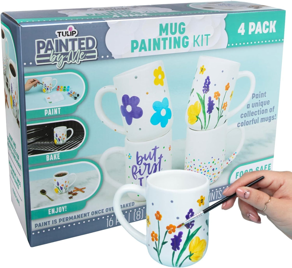 Tulip Food Safe Painted by Me, at Home Paint and Bake Kit - 4 Ceramic Mug Painting Set, Family Activity or Paint Night, All-In-One - Rainbow Paint, 4 Brushes & 4 Paintable Mugs. Studio Quality Results Tulip