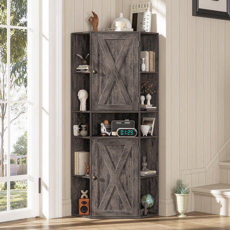 Farmhouse Corner Cabinet, Corner Storage Shelf with Doors and Adjustable Shelves Freestanding Corner Storage Cabinet 10-Cubby Bookshelf Home Space Saver for Bathroom, Living Room (Rustic Grey) Vabches