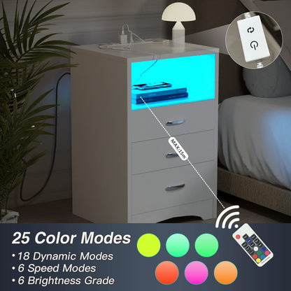 White Nightstand with Wireless Charging Station and LED Lights, Modern End Side Table with 3 Drawers, Wooden Cabinet Stand by Sofa, Bedside Tables for Bedroom with USB Ports Outlet