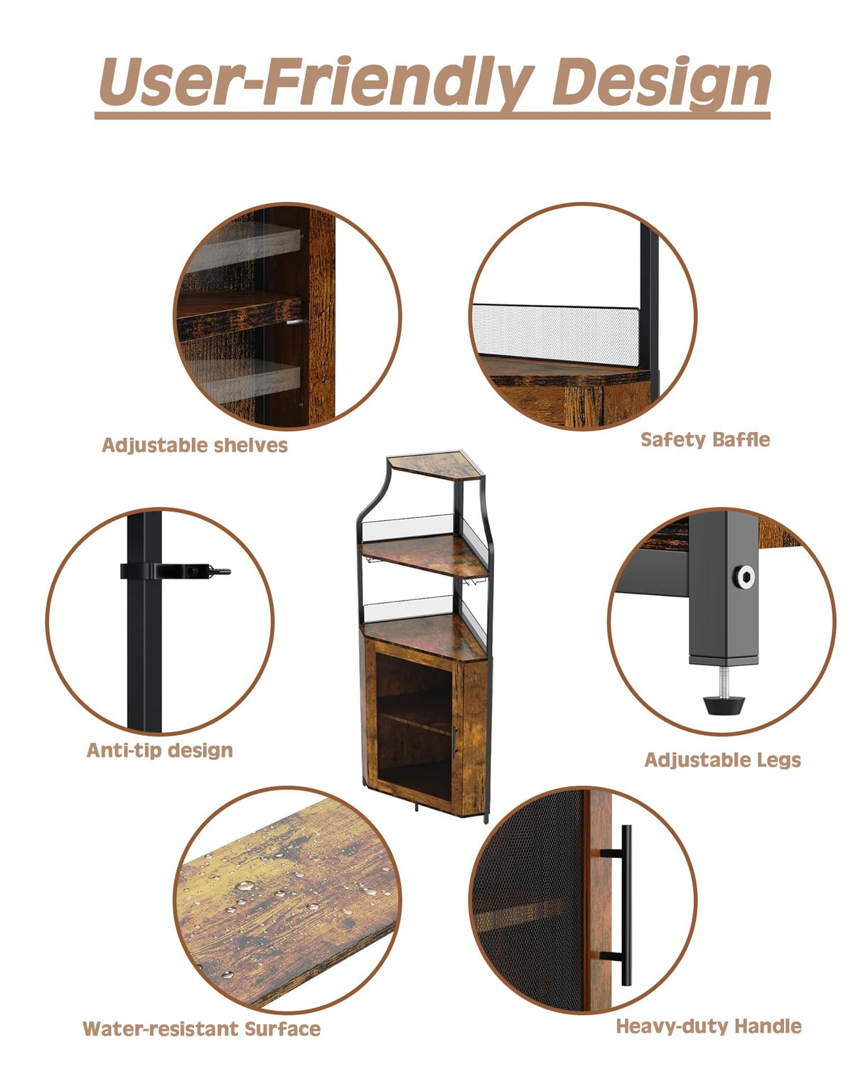 Tioutbot Corner Bar Cabinet with LED Light, Wine Bar Cabinet and Glass Holder, 5-Tiers Storage Space, Industrial Wine Rack for Small Space, Dining Room Tioutbot