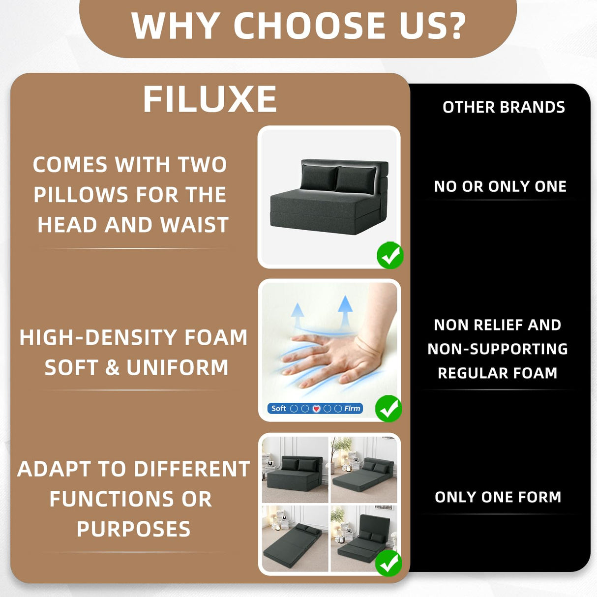 FILUXE Convertible Folding Sofa Bed - Sleeper Chair with Pillow, Modern Linen Fabric Floor & Futon Couch, Foldable Mattress for Living Room/Dorm/Guest/Home Office/Apartment, Standard Size, Dark Gray FILUXE