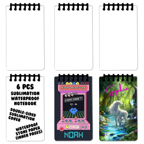 InfiniteSub 6 Pack Sublimation Waterproof Notebook Blanks, 3” x 5” Small Top Spiral Note book, Mini Weatherproof Pocket Notepad, DIY Cover and Back, for School Home Office InfiniteSub