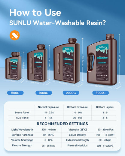 SUNLU Water Washable 3D Printer Resin 3kg, Large Bottle Water Washable Resin for Most Resin 3D Printers, 395 to 405nm UV Curing 3D Printing Liquid Photopolymer Resin, 3000g, Grey