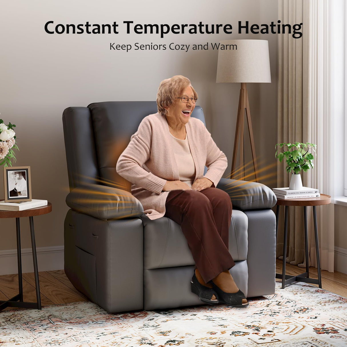 GarveeHome Faux Leather Power Lift Recliner w/Massage and Heat for Elderly, Recliner Chairs with Pockets for Living Room (Gray, Medium) GarveeHome