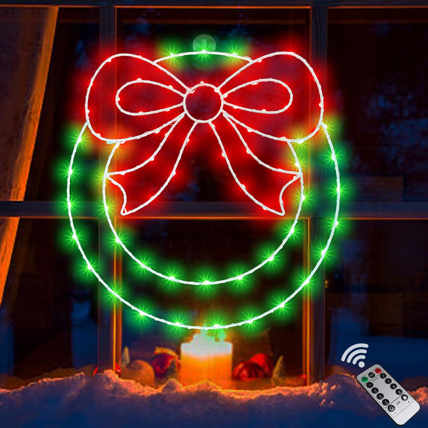 Christmas Wreath Window Lights Decorations, 13.5 IN 82 LED Lighted Christmas Wreath with Bow, Remote Control Timer USB Powered Window Silhouette Lights for Home Door Wall Home Winter Xmas Party Decor