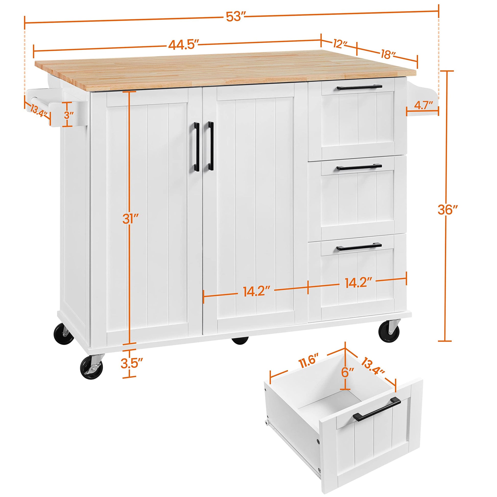 Yaheetech Kitchen Island with Drop-Leaf Breakfast Bar, 53" Width Kitchen Cart on 5 Universal Wheels with Rubberwood Top, Storage Cabinet, 3 Drawers, and Spice Rack for Dining Room, White - WoodArtSupply