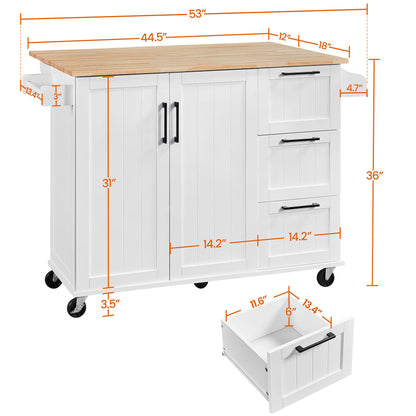 Yaheetech Kitchen Island with Drop-Leaf Breakfast Bar, 53" Width Kitchen Cart on 5 Universal Wheels with Rubberwood Top, Storage Cabinet, 3 Drawers, and Spice Rack for Dining Room, White - WoodArtSupply