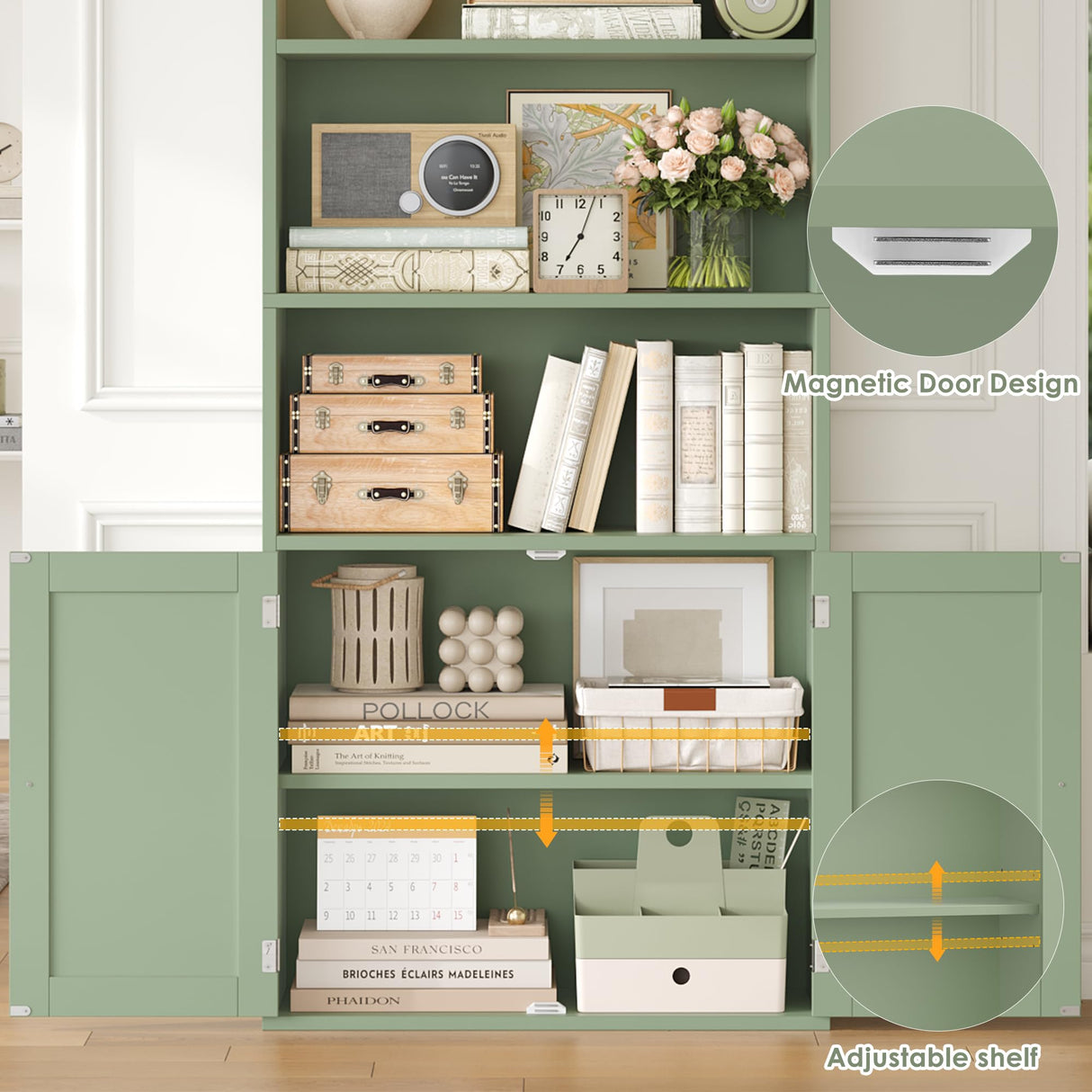 FACBOTALL 82" Tall Bookcase and Book Shelf, 24" Wide Bookshelf with Doors, 7 Tier Bookcase with Storage and Adjustable Shelf, Open and Display Farmhouse Bookshelf for Living Room, Home Office, Green FACBOTALL