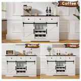 Kmax Farmhouse Wine Bar Cabinet w, 54” Buffet Cabinet with Storage, Rustic White Coffee Bar Cabinet with Sliding Barn Doors, Wine/Glass Rack & 3 Drawers for Living, Dining Room, Black Top Kmax