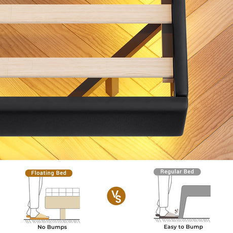 BTHFST Floating Bed Frame Full Size with Type-C Charging Station & Storage Headboard, RGB Floating Platform Bed, No Box Spring Needed, Wooden Slats Support, PU Black BTHFST
