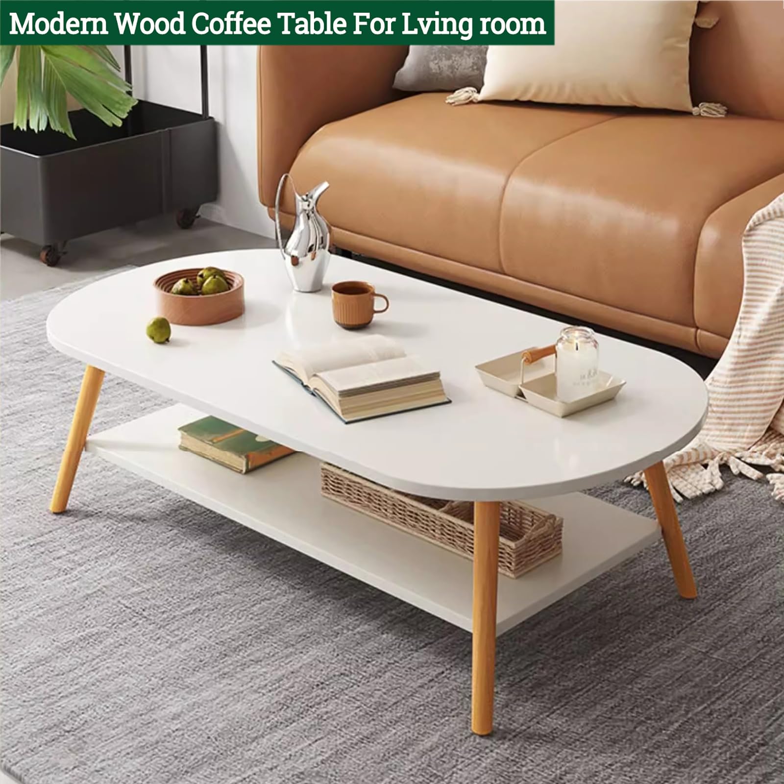 Modern Coffee Table for Living Room,Solid Wood Coffee Table with Storage Shelf,Oval Center Table Wooden Accent Cocktail End Table for Home Office Small Apartment(31.5" W, Brown) - WoodArtSupply