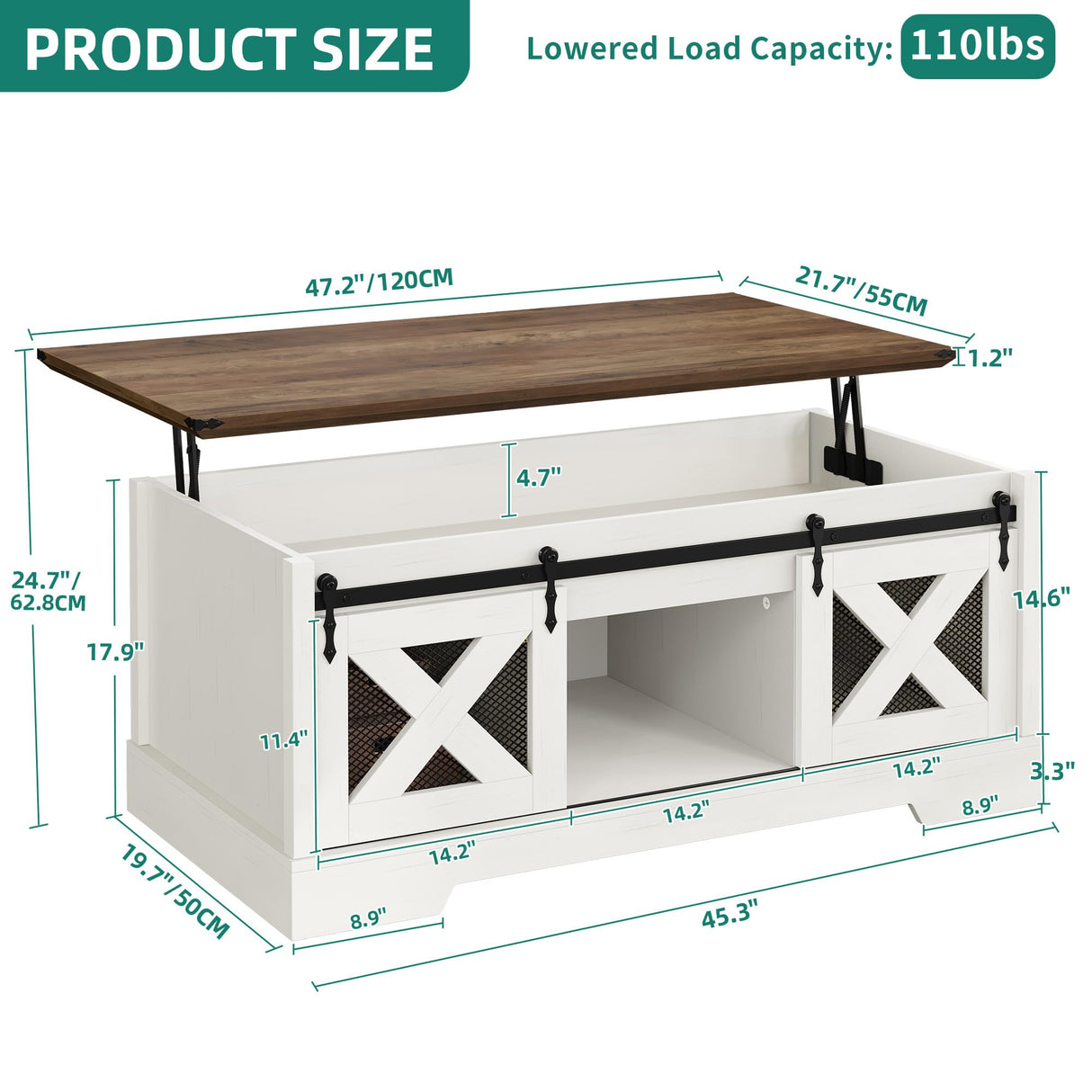 YITAHOME Farmhouse Coffee Table, Lift Top Coffee Table with Storage & Sliding Groove Barn Door,Rustic Coffee Tables for Living Room, Center Table for Living Room, Brown and White YITAHOME
