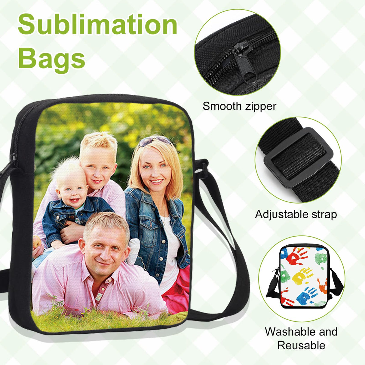 2 Pcs Sublimation Crossbody Bag Blanks, Sublimation Shoulder Bag with Adjustable Strap, DIY Sublimation Travel Sport Bags with 2 Pcs Double Side Sublimation Keychain for Birthday Christmas HIVEME