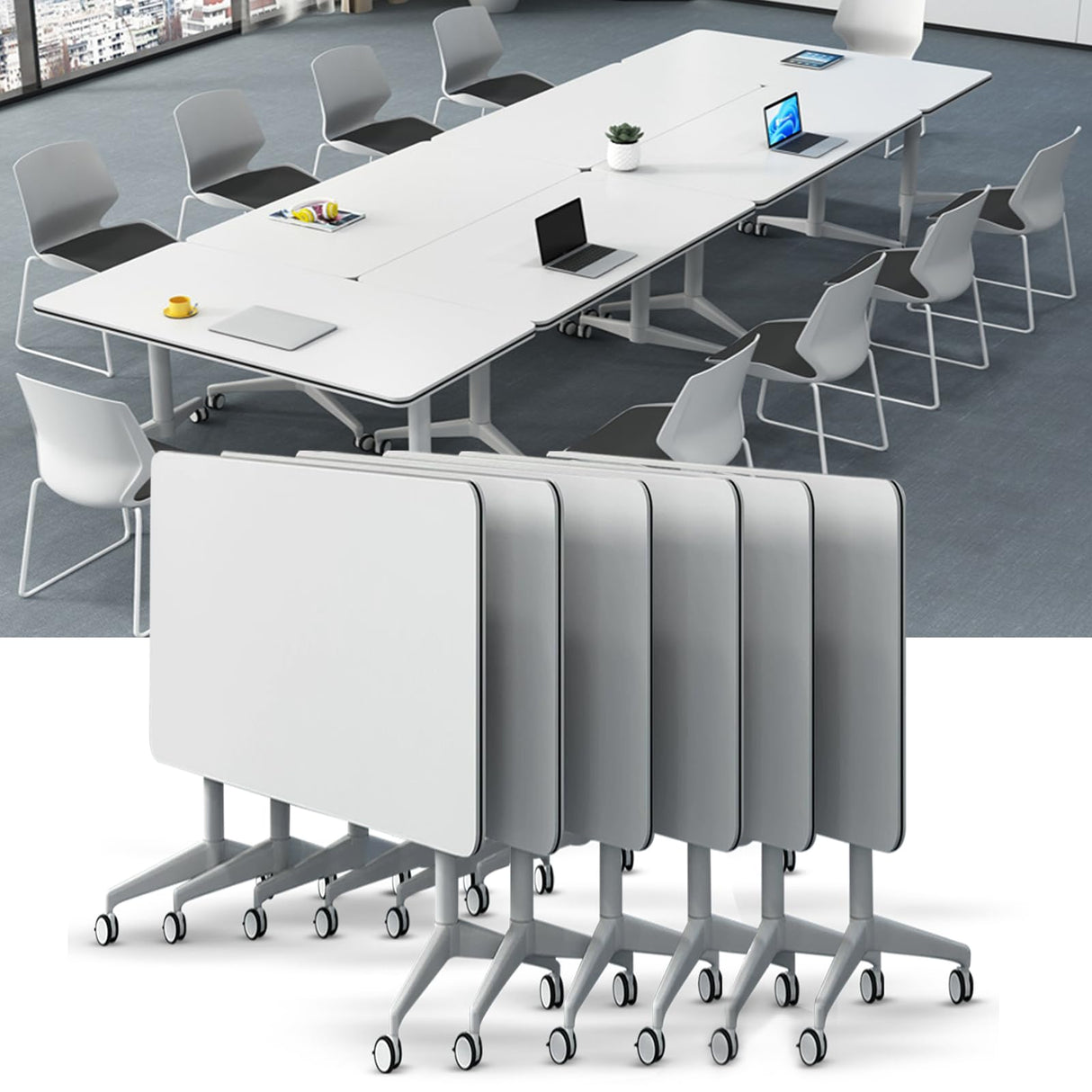 Ptosziav Folding Conference Table Conference Room Table, Modern Flip Top Mobile Training Table, Foldable Meeting Table for Office Training Room,Meeting Seminar Tables with Caster Wheels(6 Pcs 55.1IN) Ptosziav