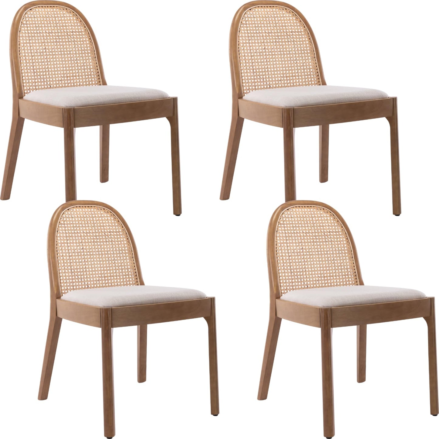 Ya-Home Mid Century Dining Chairs Set of 4, Accent Rattan Linen Fabric Side Chairs Kitchen Chair with Solid Wooden Legs for Living Room Dining Room, Beige