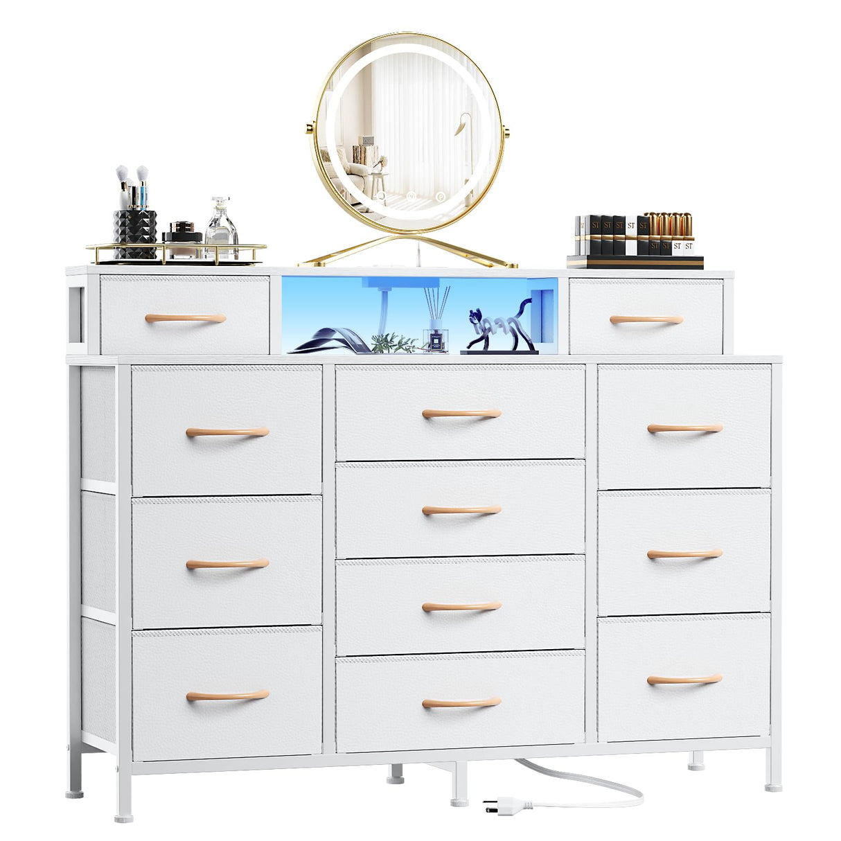 Furnulem White Dresser for Bedroom with LED Lights & Charging Station,47" Long Chests with 12 Fabric Storage Drawers,Wide Vanity Dressers Furniture for Closet,Entryway,2 Shelves Wood Top,Metal Frame Furnulem