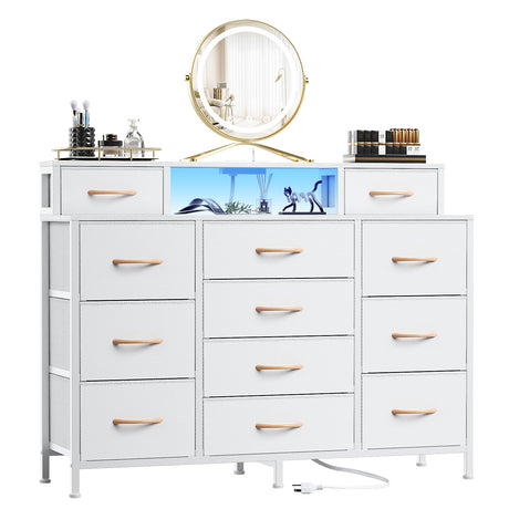 Furnulem White Dresser for Bedroom with LED Lights & Charging Station,47" Long Chests with 12 Fabric Storage Drawers,Wide Vanity Dressers Furniture for Closet,Entryway,2 Shelves Wood Top,Metal Frame Furnulem