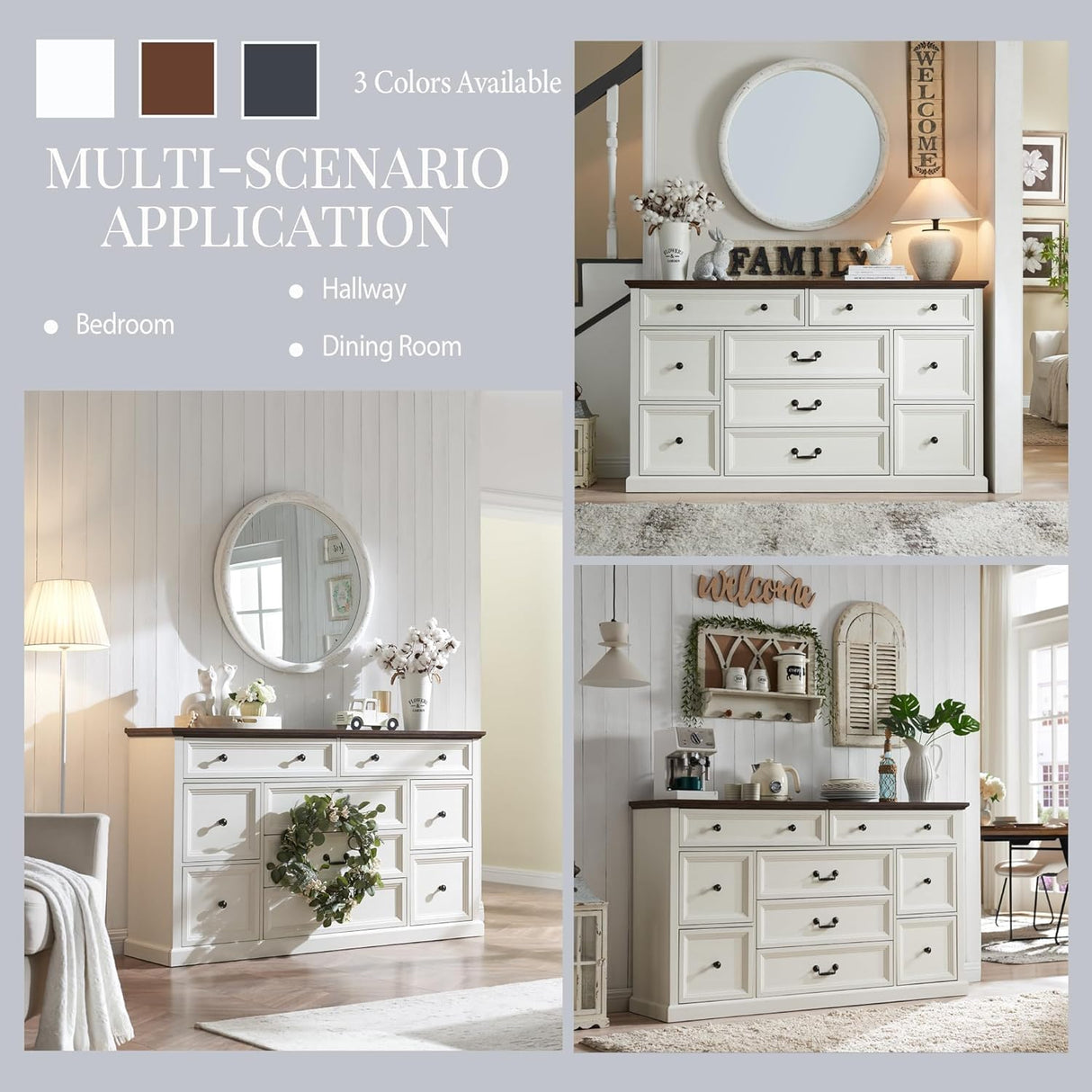 IFGET Farmhouse 9 Drawers Dresser for Bedroom, 60" Wide Wood Rustic Chest of Drawers, Large Storage Dressers Organizer for Bedroom, Living Room, Hallway, Dining Room-White IFGET