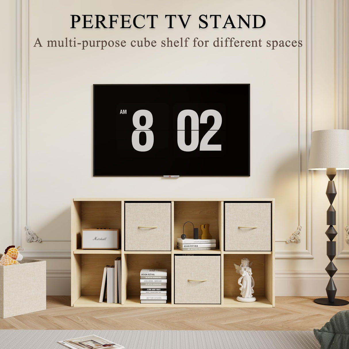 8 Cube Storage Organizer - Solid Wood Bookshelf with 4 Storage Bins, Cube Shelf with 2 Removable Back Panels, Vertical or Horizontal Bookcase, Open Book Shelf for Bedroom, Living Room, Office EXPERLAM