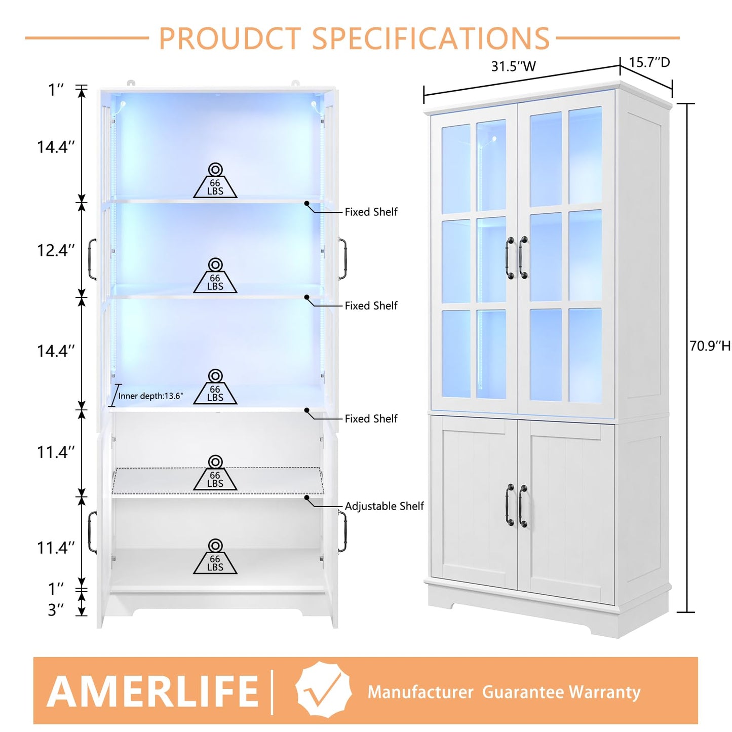 AMERLIFE 71" Tall Storage Cabinet with LED Lights, 5 Tier Large Modern Wood Kitchen Pantry with Acrylic Glass Doors & Shelves, Display Cabinet for Living room, Dining room, Bathroom, 4 Doors White