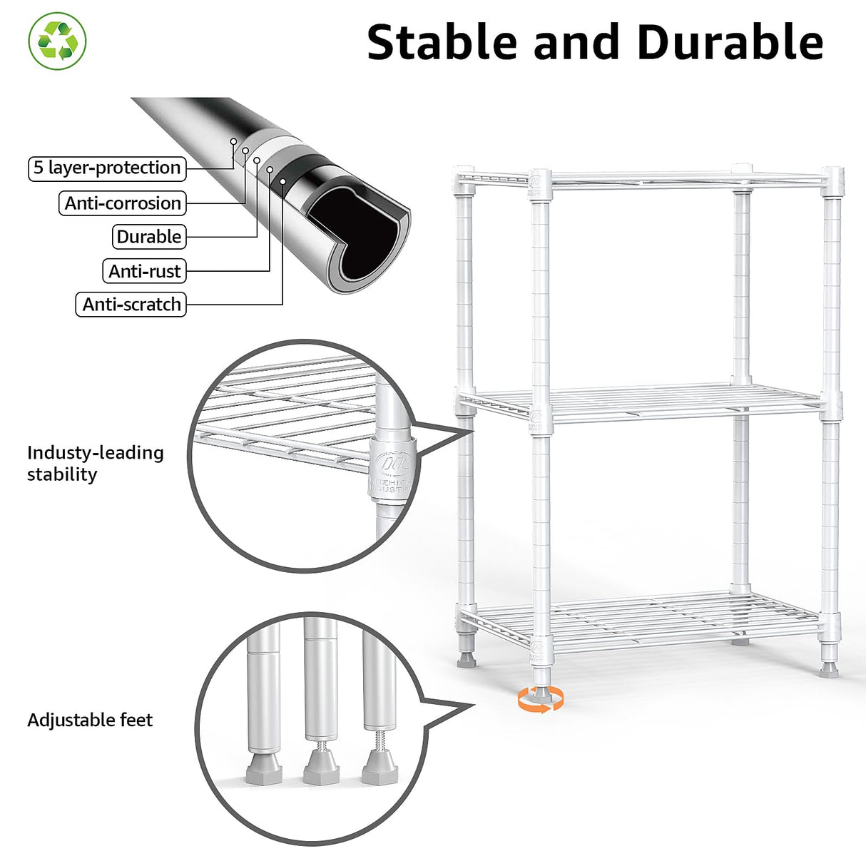 M MZG 450 lbs Wire Storage Shelving 3-Tier Utility Shelving Unit Steel Organizer Wire Rack for Home,Kitchen,Office,White (11.8" D x 17.7" W x 26.3" H) M MZG