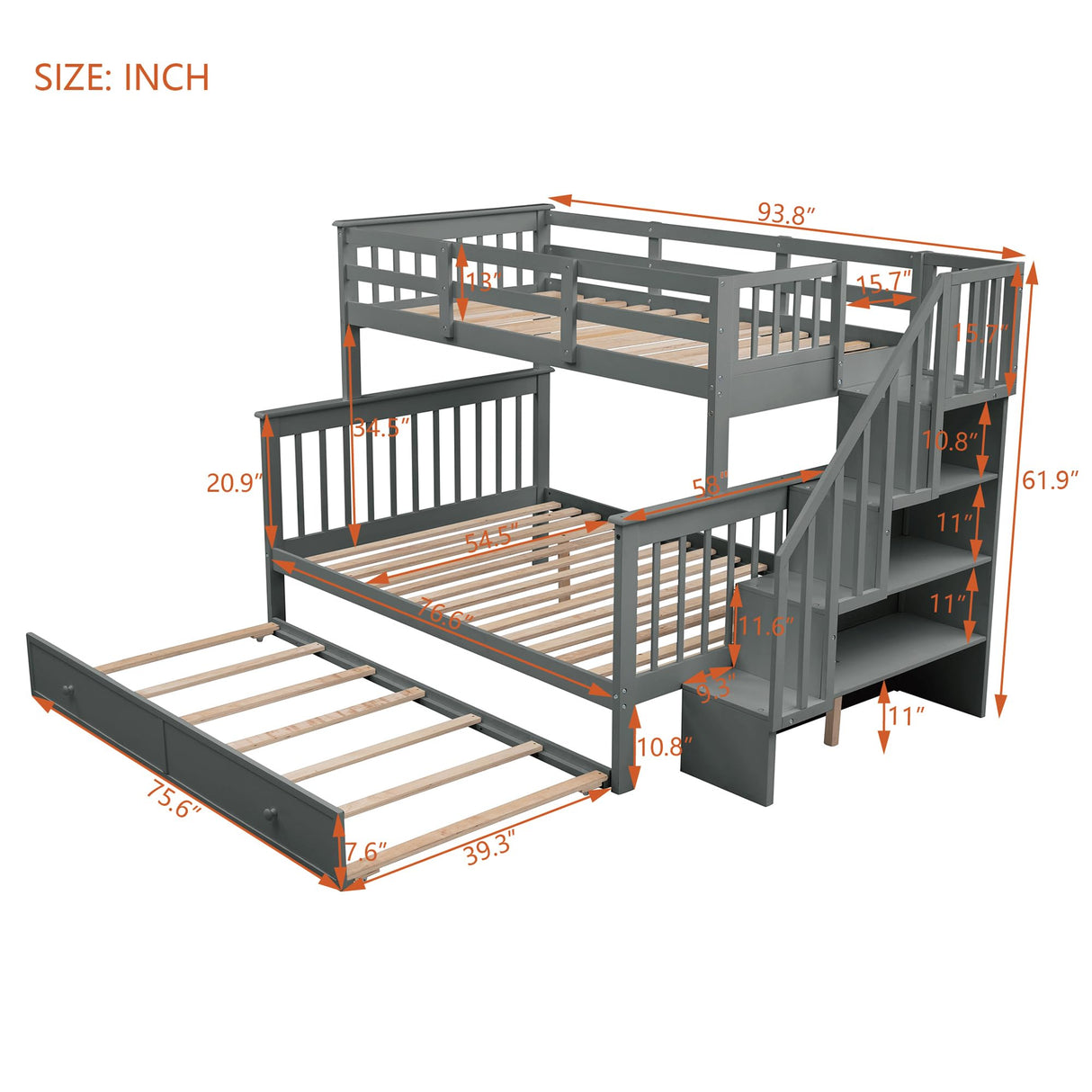 Morhome Twin-Over-Full Bunk Bed with Trundle, Storage Stairs, and Full-Length Guard Rail Morhome