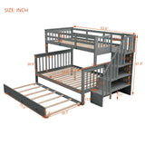 Harper & Bright Designs Twin Over Full Bunk Bed, Wooden Bunk Bed Frame Twin Over Full with Trundle and Storage Shelves, Twin Over Full Size Bunk Beds with Staircases for Kids Teens Adults, Grey Harper & Bright Designs