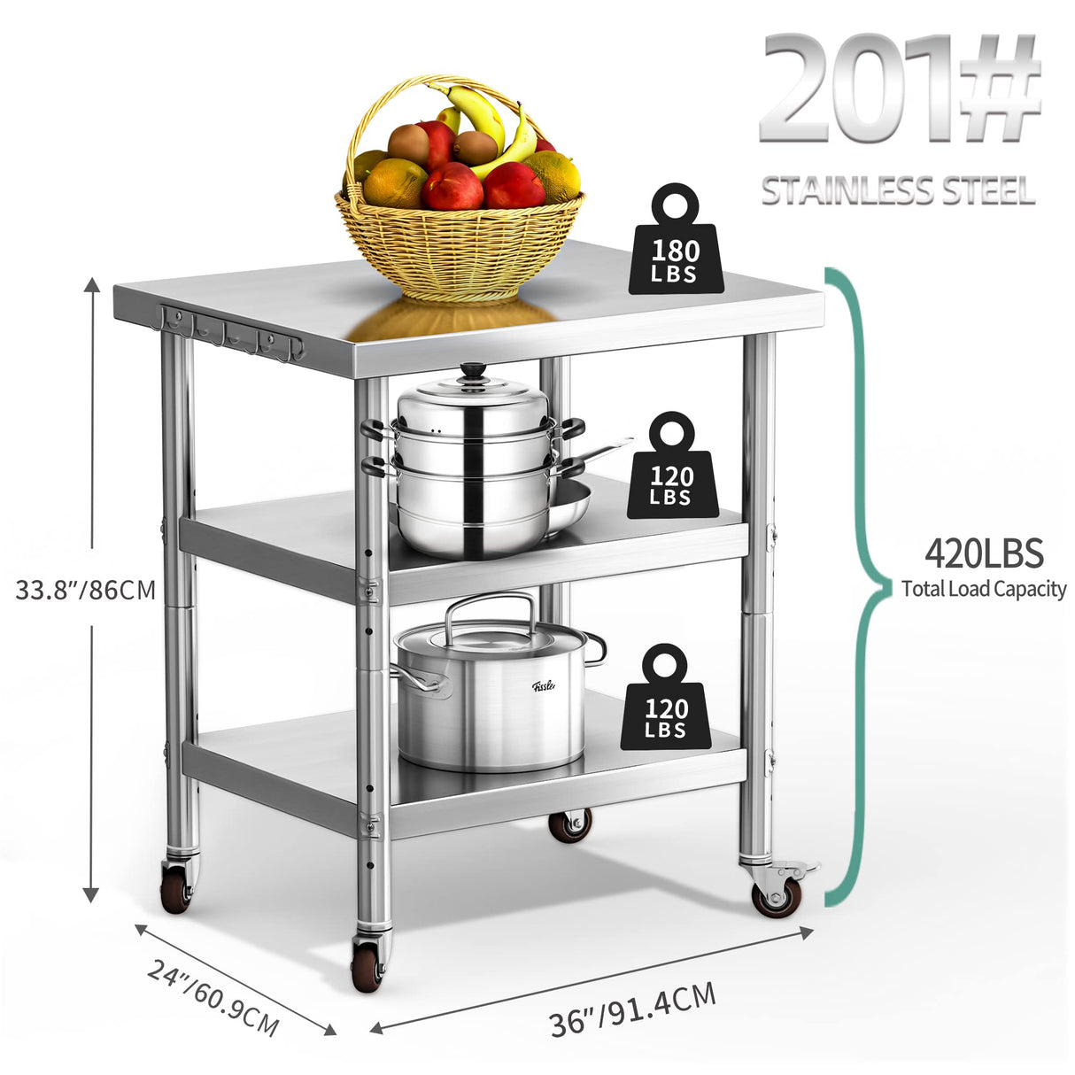 YITAHOME NSF Stainless Steel Table, 36" X 24" Work Table with Wheels, 3 Shelves Metal Table Prep Table for Home Kitchen Restaurant Garage Warehouse Outdoor YITAHOME