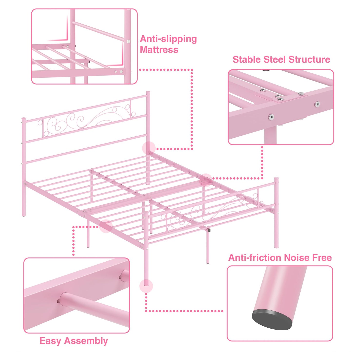 Weehom Full Size Bed Frames with Headboard, Heavy Duty Metal Platform Bed Strong Metal Slats Support,Easy Assembly Pink