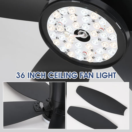 Surtime 42" Ceiling Fans with Lights-Low Profile Ceiling Fan with Light and Remote/APP Control,Flush Mount,DC Reversible,LED Dimmable Black Ceiling Fans for Bedroom,Indoor/Outdoor Patio Use Surtime