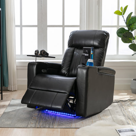 Electric Recliner Chair with USB Charge Port, 360 Swivel Tray Table, Hand in-Arm Storage,2 Cup Holders, Ambient Lighting and Metal Cell Phone Stand- Gaming Recliner Chair Home Theater Seating (Black) Merax