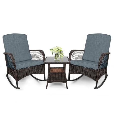 LEVELEVE 3 pcs Rocking Bistro Set Conversation Chairs PE Wicker Outdoor Rocking Chairs (Grey) LEVELEVE