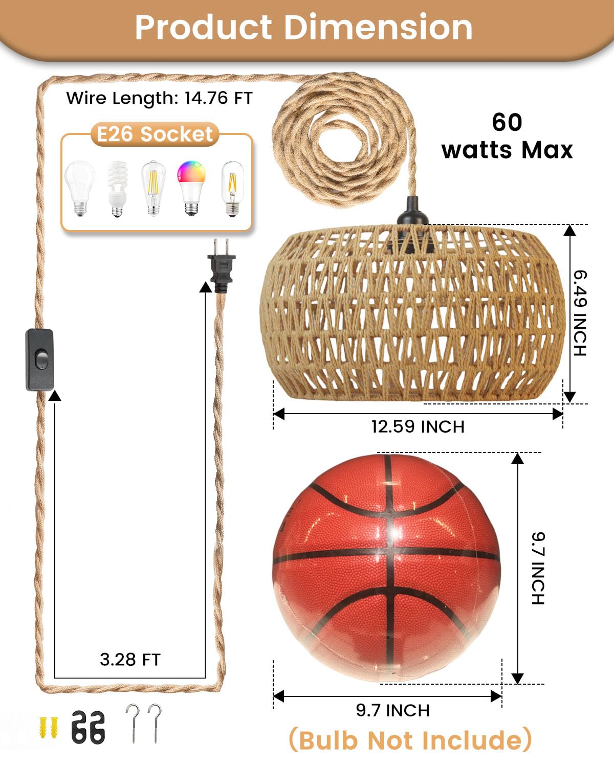 Rattan Boho Hanging Light,12.6'' Natural Hand Woven Fabric Drum Light,Plug Into Wall Outlet Pendant Light Fixture On/Off Switch for Dining,Living Room,Bedroom,Kitchen,Hallway Entryway, Without Bulb Dgroositon